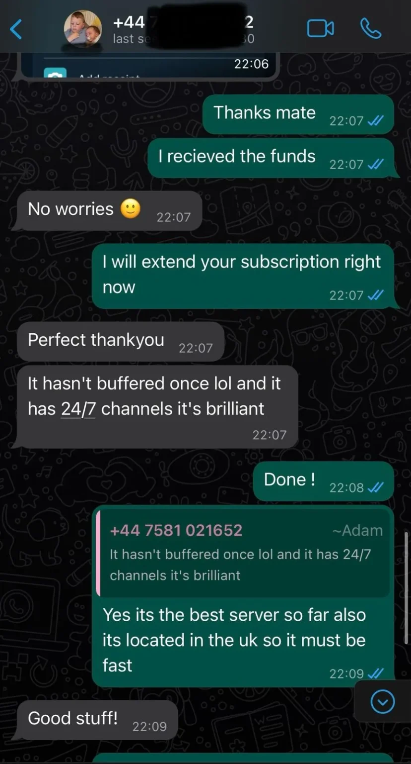 Real IPTV UK VIP customer WhatsApp conversation — February 2024