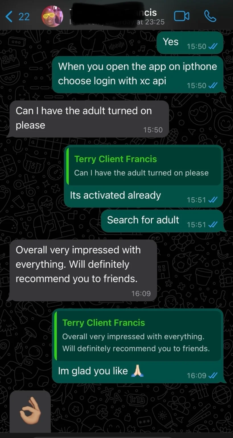 Real IPTV UK VIP customer WhatsApp message — August 2024