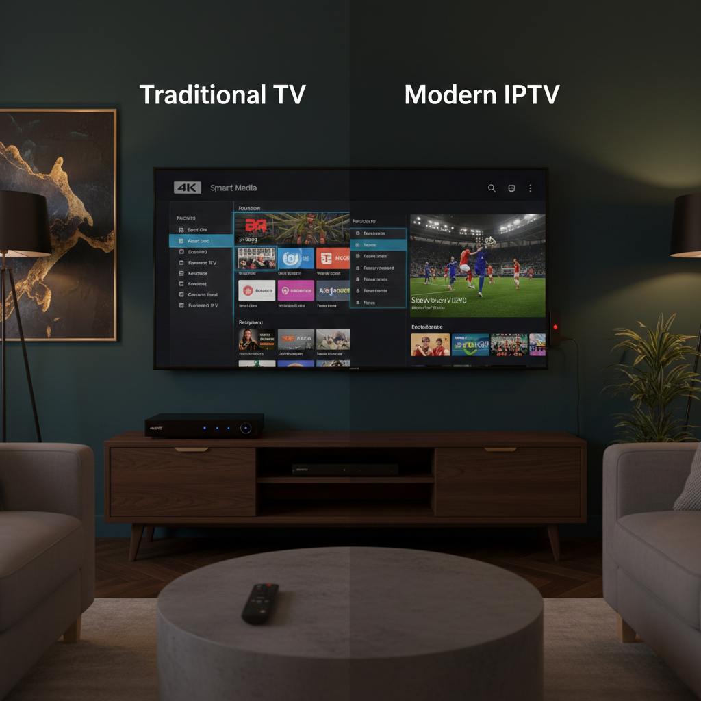 Side-by-side comparison of IPTV streaming on Fire Stick and traditional Sky or Virgin set-top box in a UK living room, highlighting flexibility, contracts, pricing and peak-time TV performance in 2026.