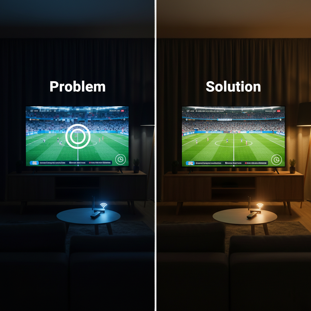 Visual comparison of IPTV buffering during UK peak evening hours on Fire Stick, showing frozen stream vs smooth HD playback. Illustrates common causes such as ISP throttling, weak Wi-Fi, and overloaded IPTV provider servers, with practical troubleshooting context for UK users.