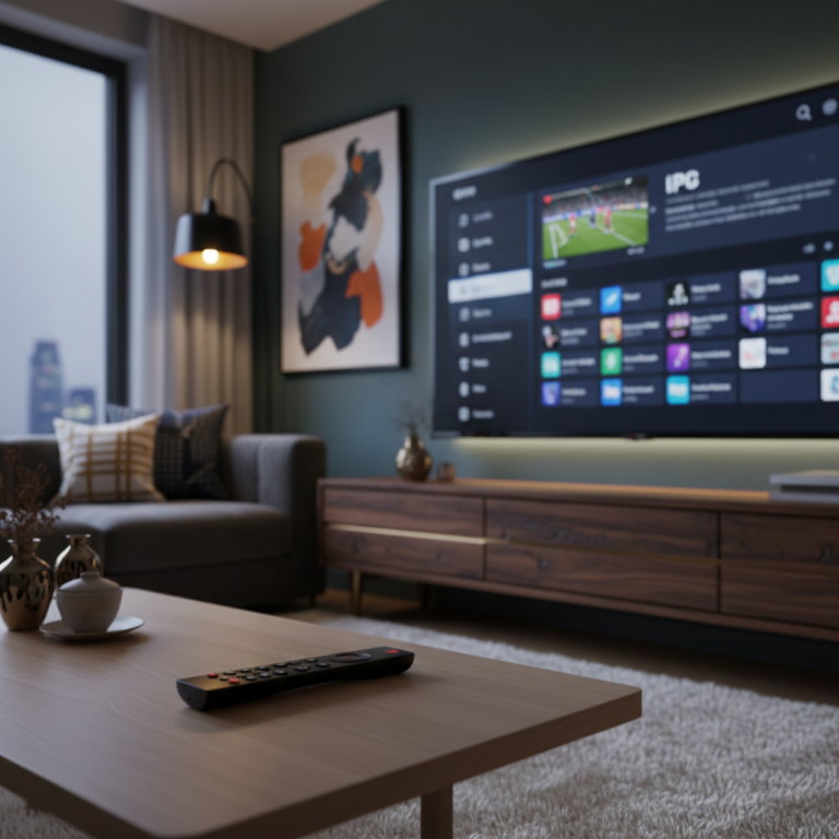 Modern UK living room with a Smart TV displaying a clean IPTV interface, organised UK channel categories and EPG guide, Fire Stick remote on table, evening setting with soft lighting.