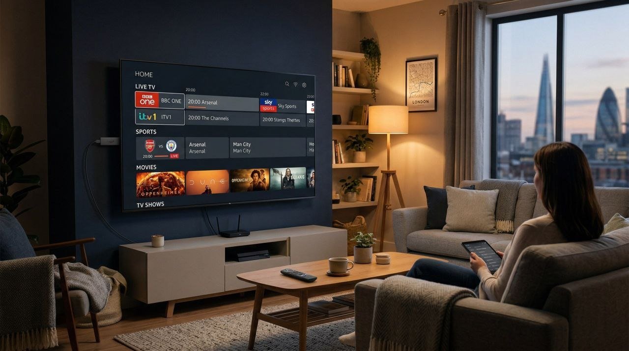 IPTV UK streaming on smart TV with Firestick in modern British living room