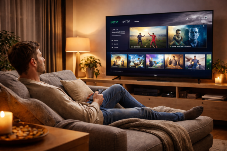 IPTV streaming in the UK on smart TV with Firestick in a modern living room setup